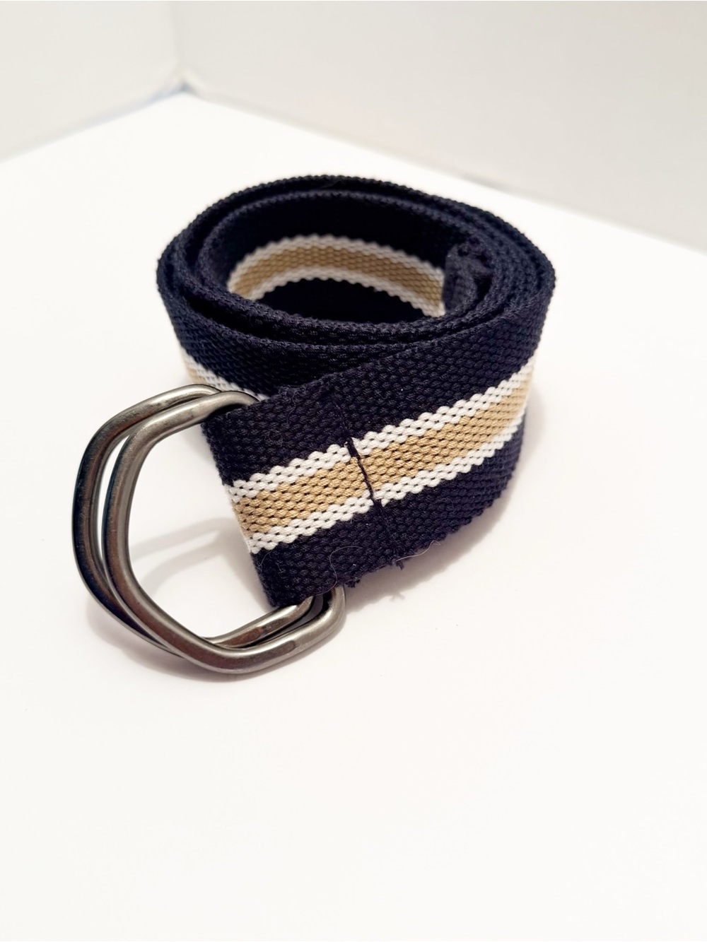 Men's Navy Stripe Webbing Belt with Double D-Ring Buckle